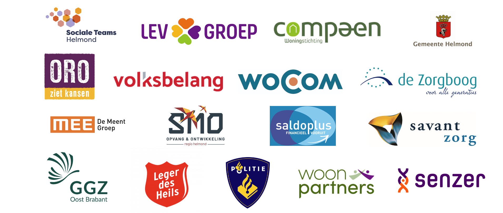 Logo's van deelnemende organisaties: Compaen, Gemeente Helmond, GGZ Oost Brabant, Leger des Heils, LEVgroep Helmond, Mee De Meent Groep, ORO, Politie, Saldoplus, Savant Zorg, Senzer, SMO, Sociale Teams Helmond, Volksbelang, woCom, Woonpartners, De Zorgboog