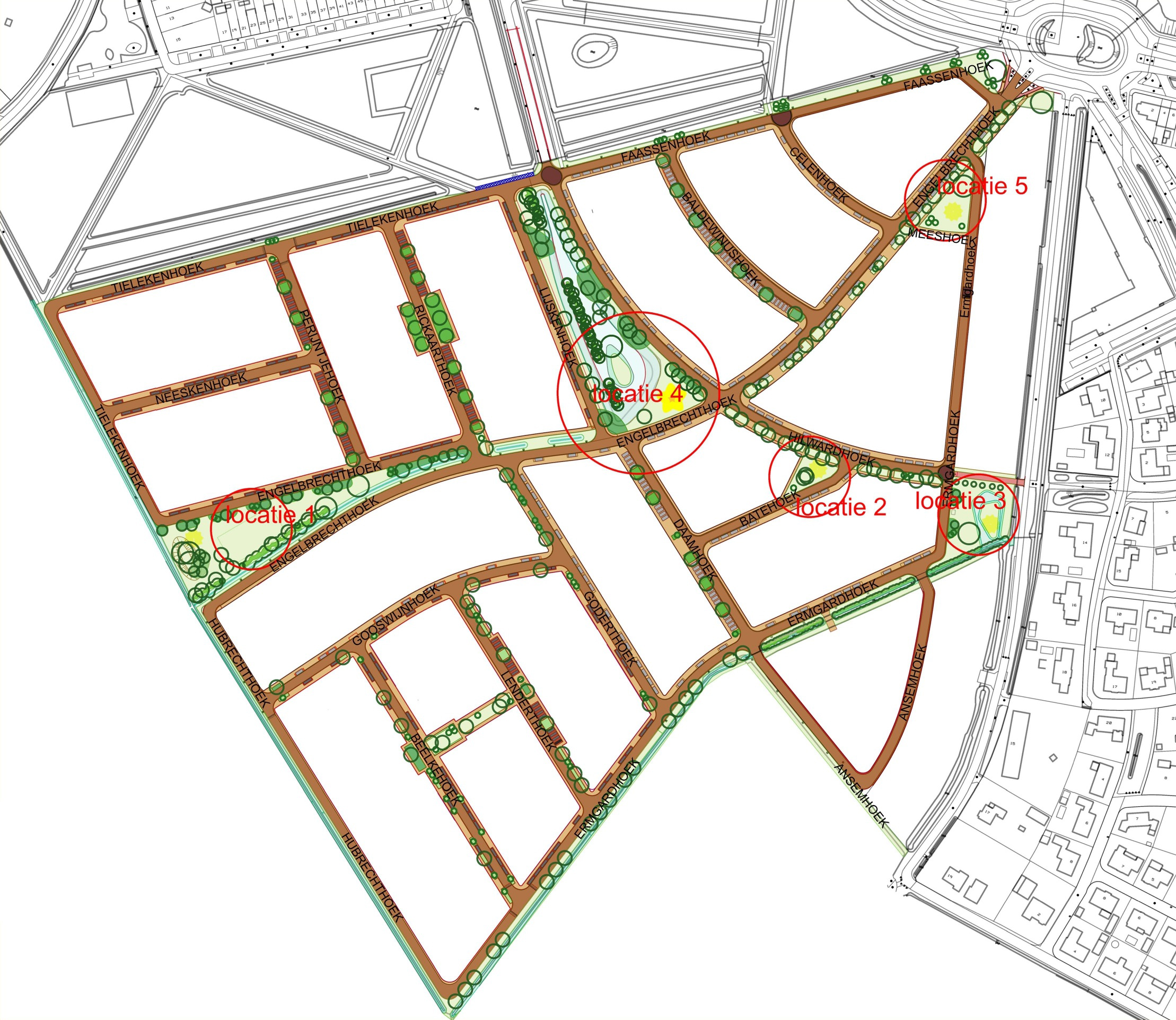 Plattegrond met 5 nieuwe locaties van speelplekken in Hazenwinkel