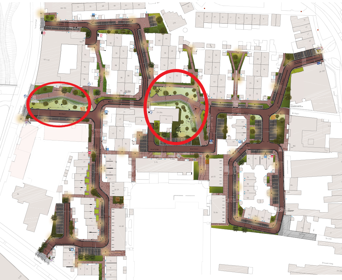 Plattegrond van de Waart met de speelplekken in rode cirkels