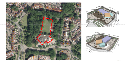 Luchtfoto van de locatie van de nieuwe MFA in Rijpelberg met een rood gestippelde lijn die het plangebied aangeeft. Rechts staan twee schetsen van het voorlopige ontwerp van het gebouw en de inrichting van het terrein binnen dit gebied.