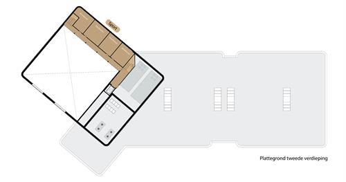 Plattegrond van de tweede verdieping van MFA Rijpelberg. De verdieping bestaat voornamelijk uit de sporthal (gymzaal) met bijbehorende kleedkamers en technische ruimtes.