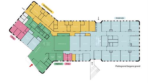 Plattegrond van de begane grond van MFA Rijpelberg. Blauwe ruimtes zijn voor onderwijs (school), gele ruimtes voor kinderopvang, groene ruimtes voor gemeenschappelijke functies en wijkhuis, en roze/rode ruimtes voor zorg zoals GGD en consultatiebureau. In het midden ligt een multifunctionele zaal en speelruimtes.