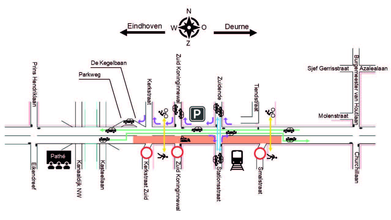 Schematische weergave van Fase 1 werkzaamheden op de Kasteel-Traverse. De zuidelijke rijbaan is afgesloten (zijde Kasteel) en beide verkeersrichtingen zullen over de noordelijke rijbaan (zijde binnenstad) rijden. Via pijlen hebben we duidelijk gemaakt welke afslagen het autoverkeer kan maken. Ook is te zien waar de oversteekplaatsen voor de fietsers en voetgangers zijn (tussen de Kerkstaat en Zuid Koninginnewal en vlakbij de Smalstraat. 
