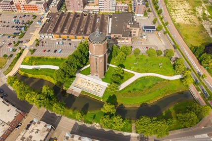 Impressie 25 septemberpark met watertoren van bovenaf