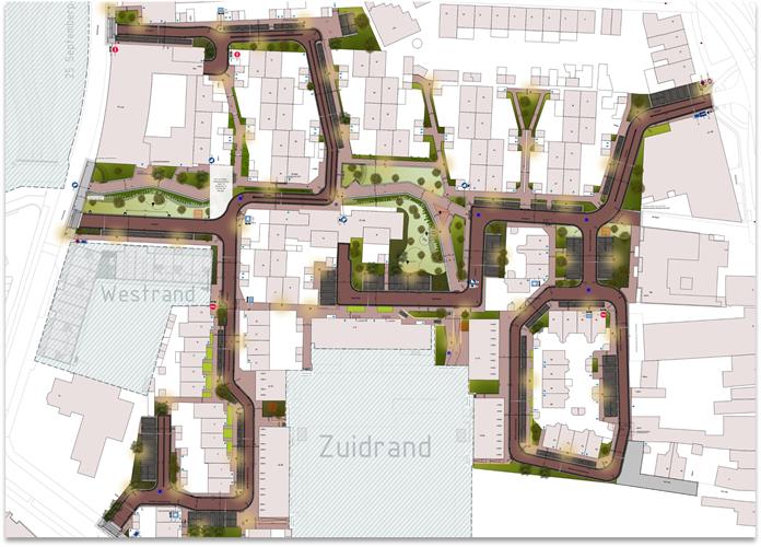 Bovenaanzicht nieuwe inrichting De Waart. Er is meer groen door meer bomen en beplanting. Ook is er gedacht aan wateroverlast door wadi’s.