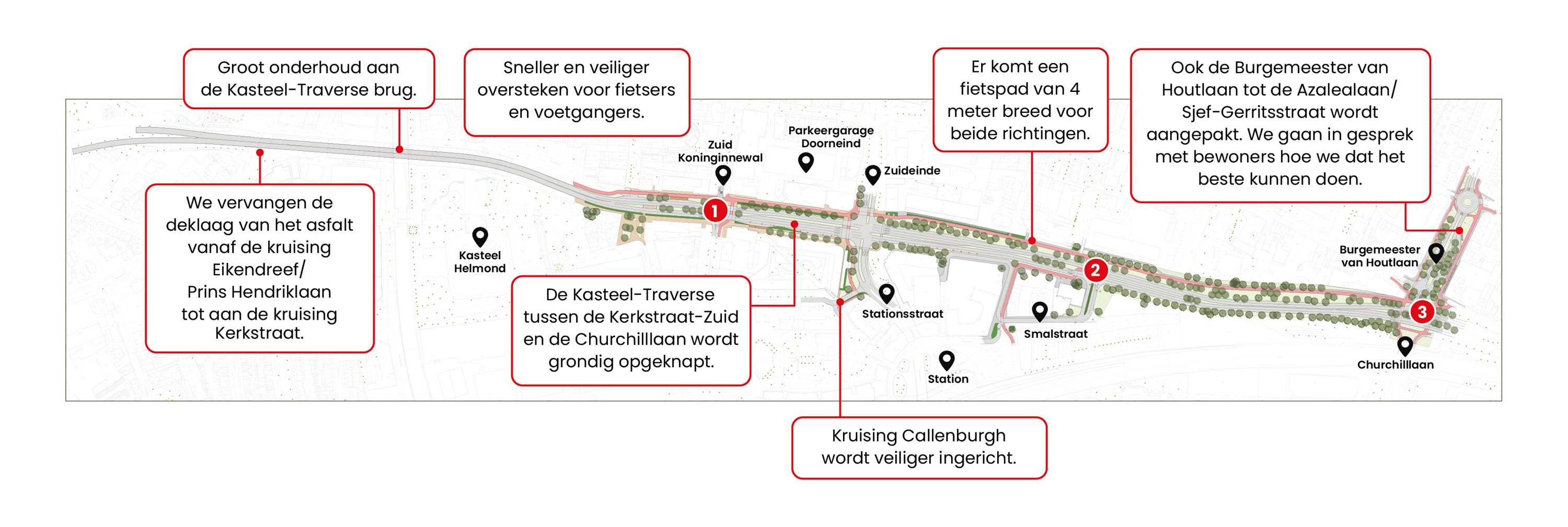 Kaart van de Kasteel-Traverse in Helmond met toelichting op geplande werkzaamheden. Belangrijke maatregelen zijn: groot onderhoud aan de brug, vervanging van het asfalt tussen Eikendreef en Kerkstraat, herinrichting van de Traverse tussen Kerkstraat-Zuid en Churchilllaan, aanleg van een 4 meter breed fietspad, en veiliger oversteken voor fietsers en voetgangers. Ook de kruising Callenburgh en de Burgemeester van Houtlaan tot aan de Azalealaan worden aangepakt, in overleg met bewoners.