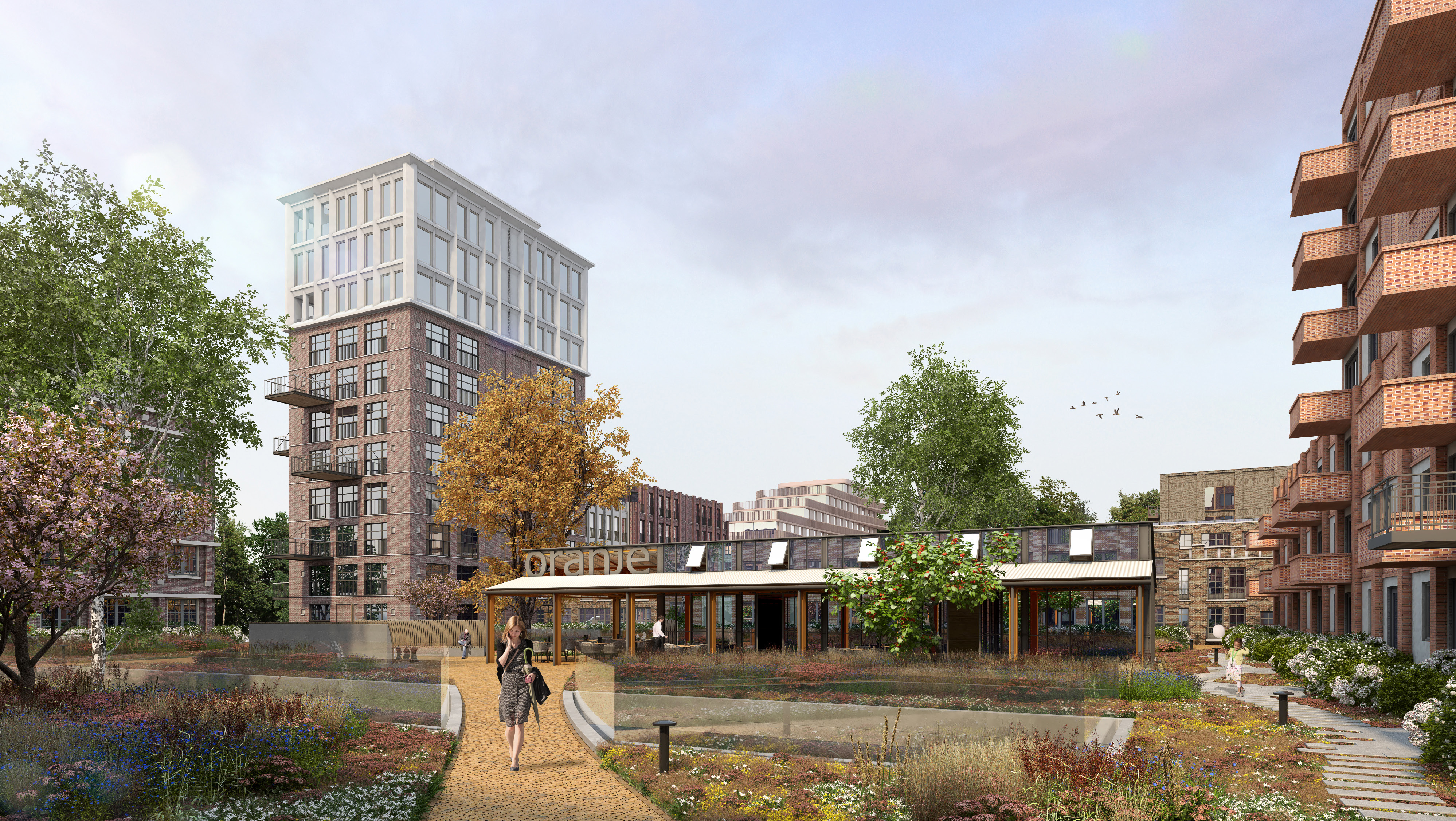 Nieuwbouwproject centrum 2030: een impressie van de Oranjekade met appartementsgebouwen en een binnentuin.