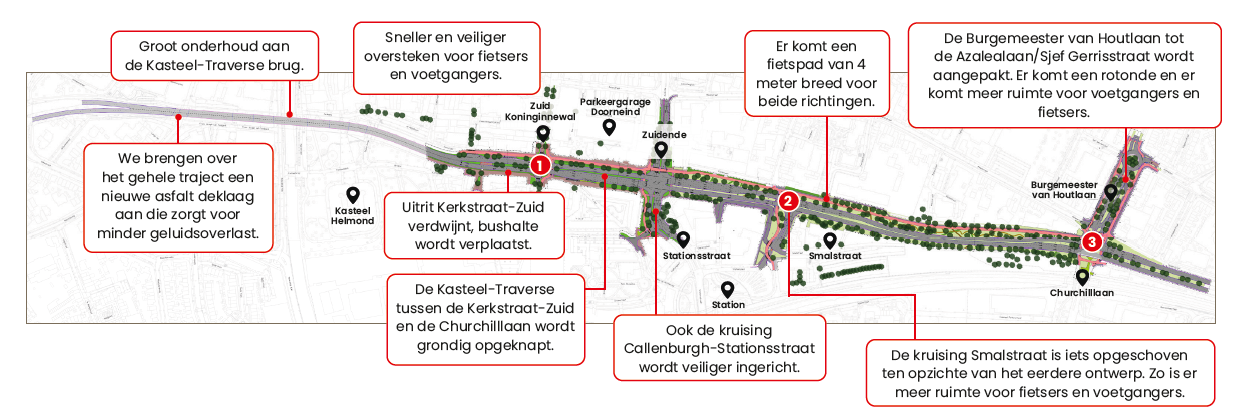 Kaart van de Kasteel-Traverse in Helmond met toelichting op geplande werkzaamheden. Belangrijke maatregelen zijn: groot onderhoud aan de brug, vervanging van het asfalt tussen Eikendreef en Kerkstraat, herinrichting van de Traverse tussen Kerkstraat-Zuid en Churchilllaan, aanleg van een 4 meter breed fietspad, en veiliger oversteken voor fietsers en voetgangers. Ook de kruising Callenburgh en de Burgemeester van Houtlaan tot aan de Azalealaan worden aangepakt. Hierover zijn we in gesprek gegaan met bewoners.