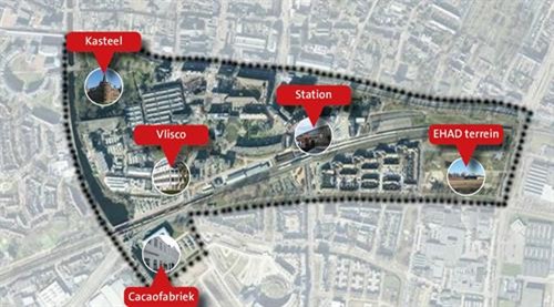 Op de afbeelding is het gebied te zien waarover de gebiedsvisie Stationskwartier gaat. In het centrum van het gebied ligt het station. Daar links van (noord-west tot zuid-west) loopt het gebied van het Kasteel, de Vlisco tot en met de Cacaofabriek. Er rechts van (oostelijk) loopt het gebied helemaal tot aan het EHAD terrein. 