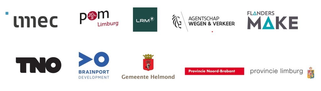 Afbeelding met logo's van partners: IMEC, Pom Limburg, LRM, Agentschap wegen & verkeer, Flanders Make, TNO, Brainport Development, Gemeente Helmond, Provincie Noord-Brabant en Provincie Limburg