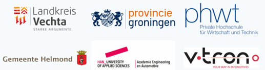 Logo van partners: Landkreis Vechta, Provincie Groningen, PHWT, Gemeente Helmond, HAN University of Applied Sciences, V-tron.
