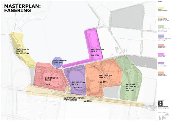 Kaart van recreatiegebied Berkendonk met vijf fasen. Fase 1 richt zich op parkeren, bereikbaarheid en recreatie, fase 2 op natuurontwikkeling, fasen 3 en 4 op vergroening en routes en fase 5 op recreatie en tijdelijk parkeren bij evenementen.