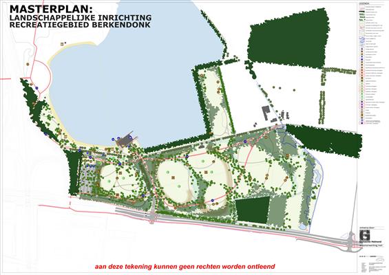 Kaart van de zuidkant van Berkendonk met nieuwe recreatievoorzieningen, routes, parkeerplaats en natuurontwikkeling.